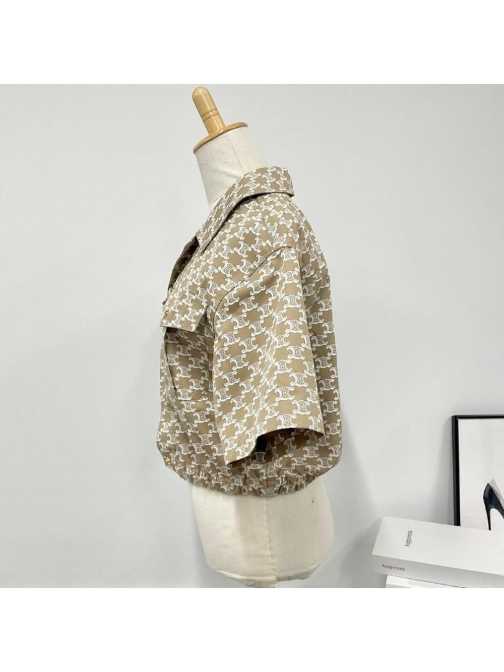 Celine Triomphe Shirt Cotton Top Cropped Beige - Picture 2 of 9